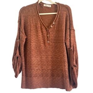 Stitch & Feather V-Neck Button Henley Sweater in Rust Brown S/M
